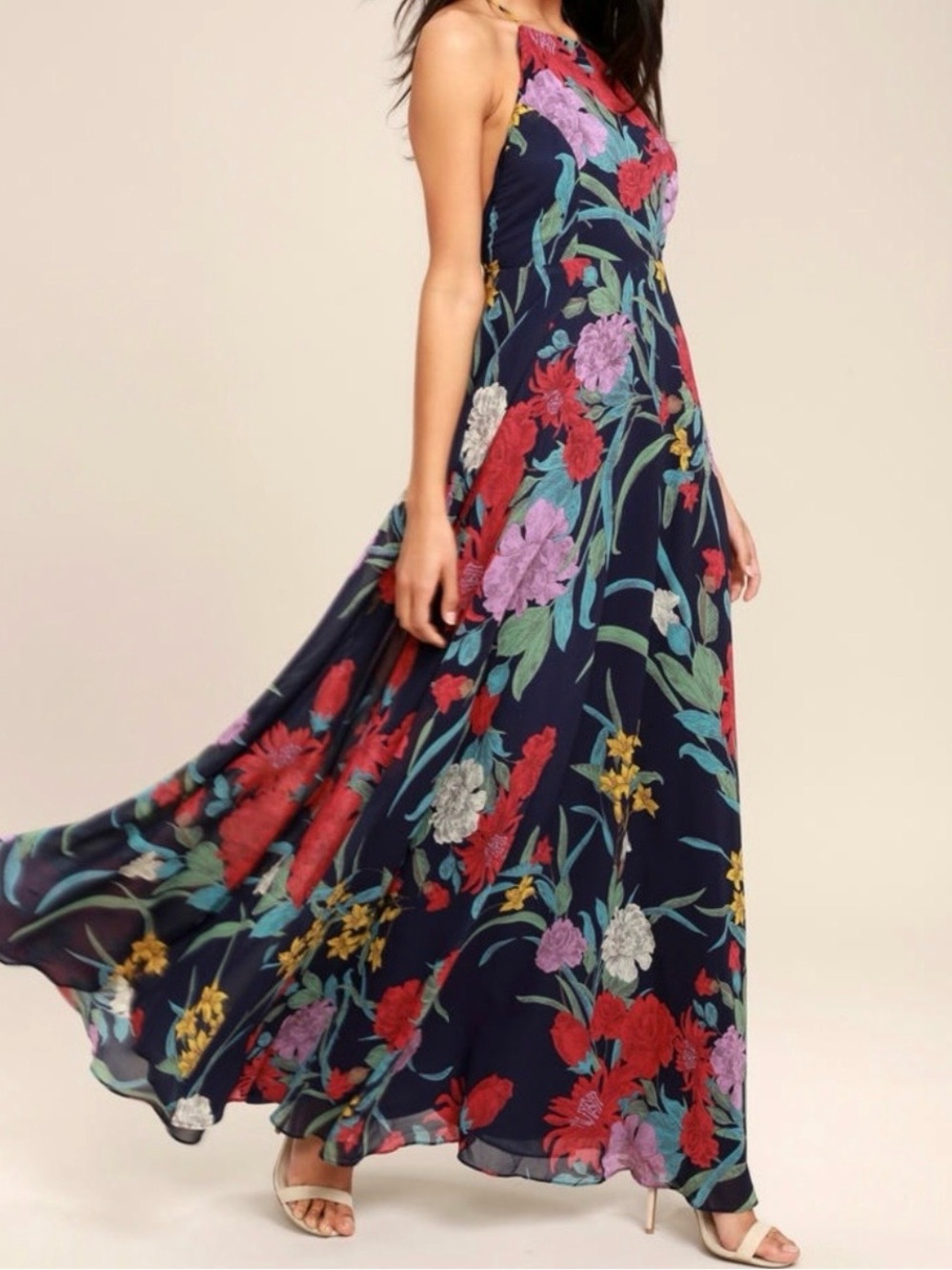 Lulu's Navy Floral Halter Maxi Dress with Red, Purple & Yellow Blooms